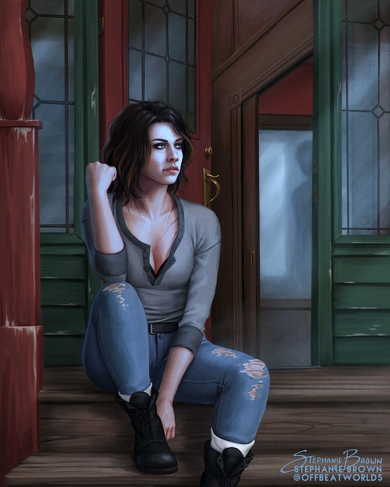 Digital art of a young woman, brunette, in worn jeans and a grey henley, the scars on her chest visible, sitting on the steps of the front porch of her old, probably haunted house. There might be a ghost behind her.