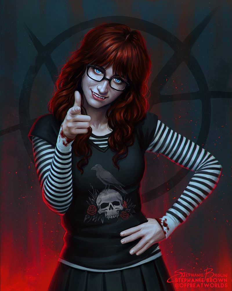 Digital art of a redheaded vampire, wearing glasses, a stripped long sleeve shirt with blood splatter on the cuffs, under a tee with a raven and skull design, and a pleated skirt. Behind her is the Brujah symbol