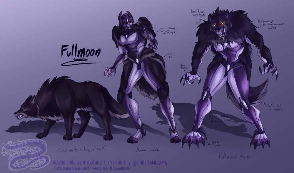 Idk what to tag this fam lmao. Here we see Fullmoon in her three forms - Beast Mode (big ol wolf, dark black/purple fur with a lighter lavender underside and yellow eyes), Normal Mode (A standard-shape fembot with pale lavender and darker purple plating, fur from her beast mode around her shoulders, back, and hips) and Fullmoon Mode (the fur/beast mode parts have shifted upwards, covering her helm with the wolf head so she can bite. The claws also shift down to her hands so she can claw. Her feet have also split into claws.) Careful, she bites.