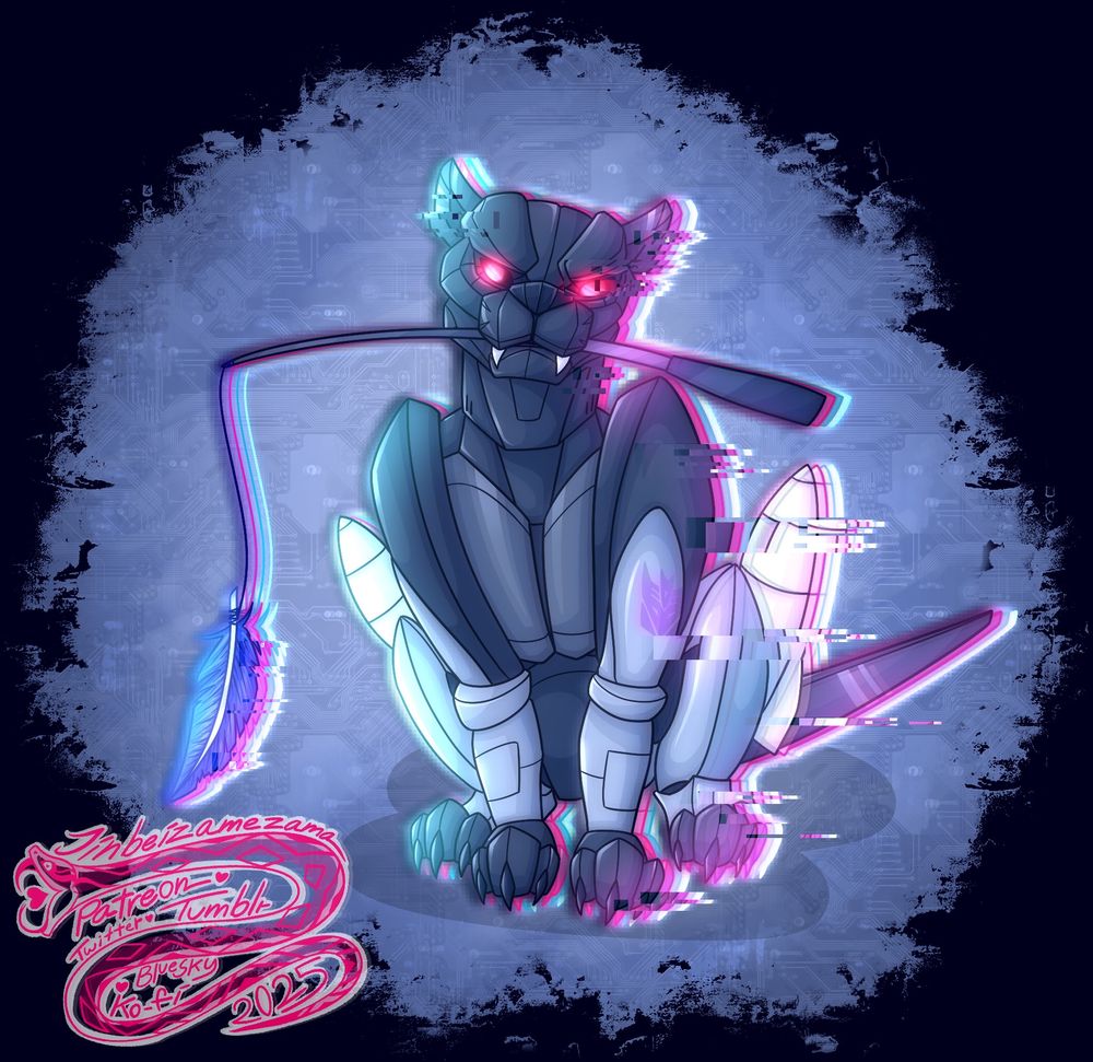 Lil kitty Ravage with a glitchy effect over his left side, holding a feather cat toy in his jaws. What a cutie.
