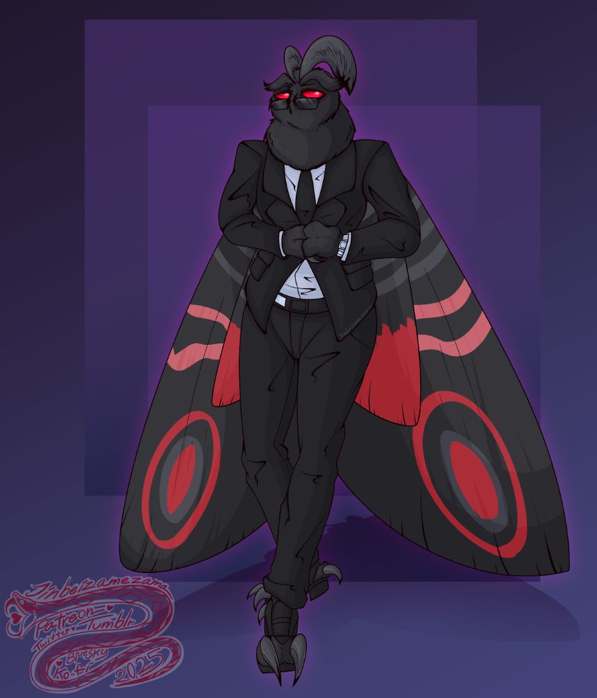 Moth Mann is one of my favourite character designs I've done for MvtM. I mean, look at him. He's got moth-capable shoes and sunglasses that clip to his fluffy wuffy antennae. He's prolly got moth dust that he tries VERY HARD to keep under control.