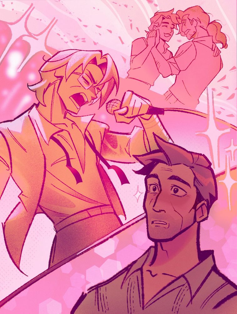 Artfight revenge for genuerevuelta of his and his partner's (Kalesbug on AF) ocs. From the top down depicts a younger happier Joenie with his deceased husband Pecan, to a present day older Joenie singing in his cover band. From the audience Sal watches Joenie perform with a lovestruck expression
