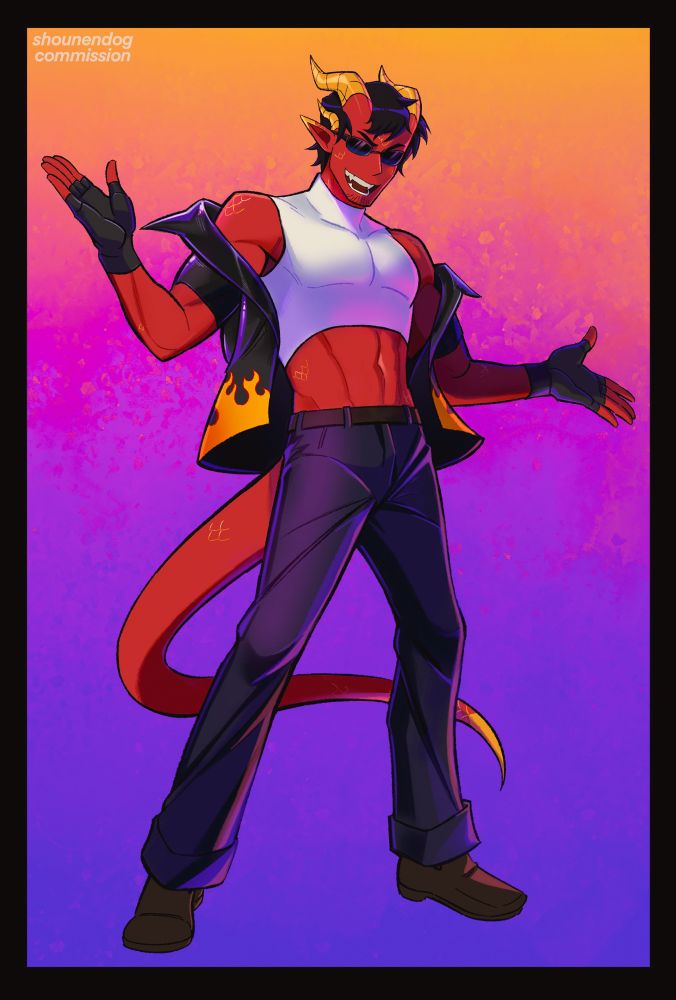Commissioned art of the client's dudebro character Brad. He's humanoid with dragon-like features with two sets of horns, patches of gold scales on red skin, and a tail. He's wearing sunglasses and a short-sleeved leather jacket with flames. With his flung open jacket he reveals his turtleneck crop top underneath, smiling widely as he shows off