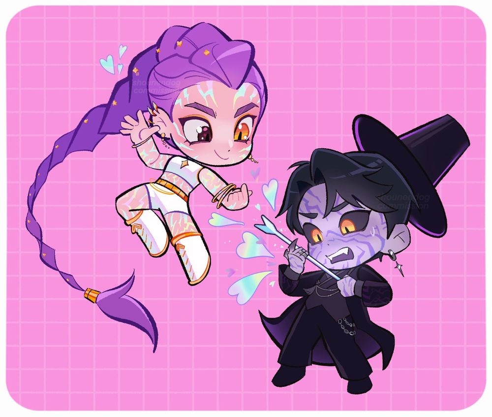 Commissioned chibis of Rumi and Jinu (Kpop Demon Hunters) Rumi has a playful expression while shooting an arrow at Jinu's chest. He stumbles back clutching the arrow as an explosion of holographic hearts fly out. 