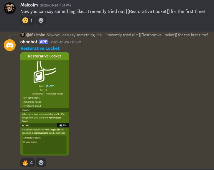A screenshot of a discord channel with a message saying "Now you can say something like... I recently tried out [[Restorative Locket]] for the first time!". A discord bot responds with a link to the Deadlock wiki and a screenshot of a section of the linked page.