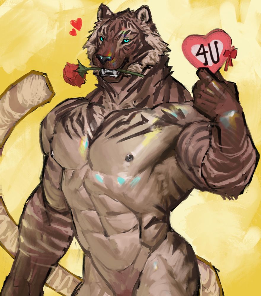 An anthropomorphic tiger that is holding a love letter with a “4U” written on it. And also holding a rose in his mouth seductively looking at the viewer 
