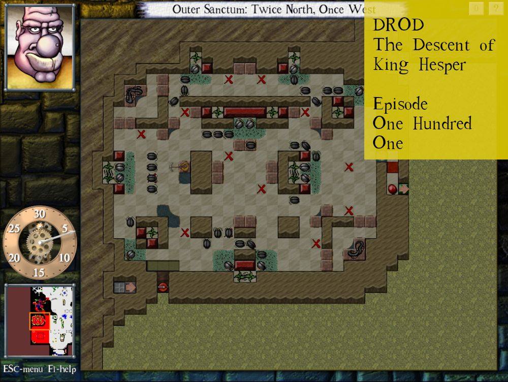 A screenshot of a Deadly Rooms of Death room, with a title-card rectangle superimposed that reads:

DROD
The Descent of
King Hesper

Episode
One Hundred
One