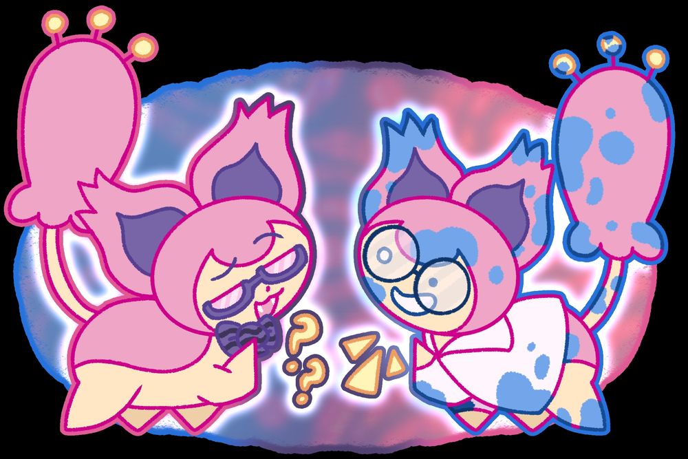 Two Skitties looking at each other on a blue, purple, and pink bathroom. The left skitty has a purple bow and glasses, the left wears a labcoat and a ditto face with blue splotches all over. 