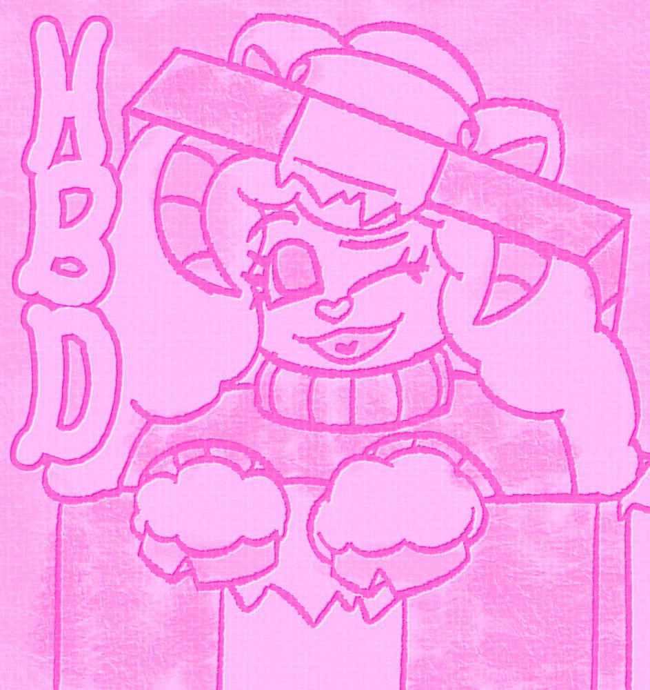 Madeline colored all pink in a gift box with the lid on her head. HBD is written on the left side. 