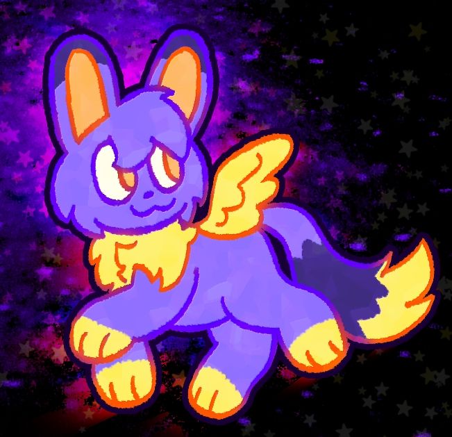 An animal with bunny ears, cat face, "dog" tail, and a wing. They're purple with darker purple and yellow accents, along with orange eyes. The background is a photomosh coated in stars. 