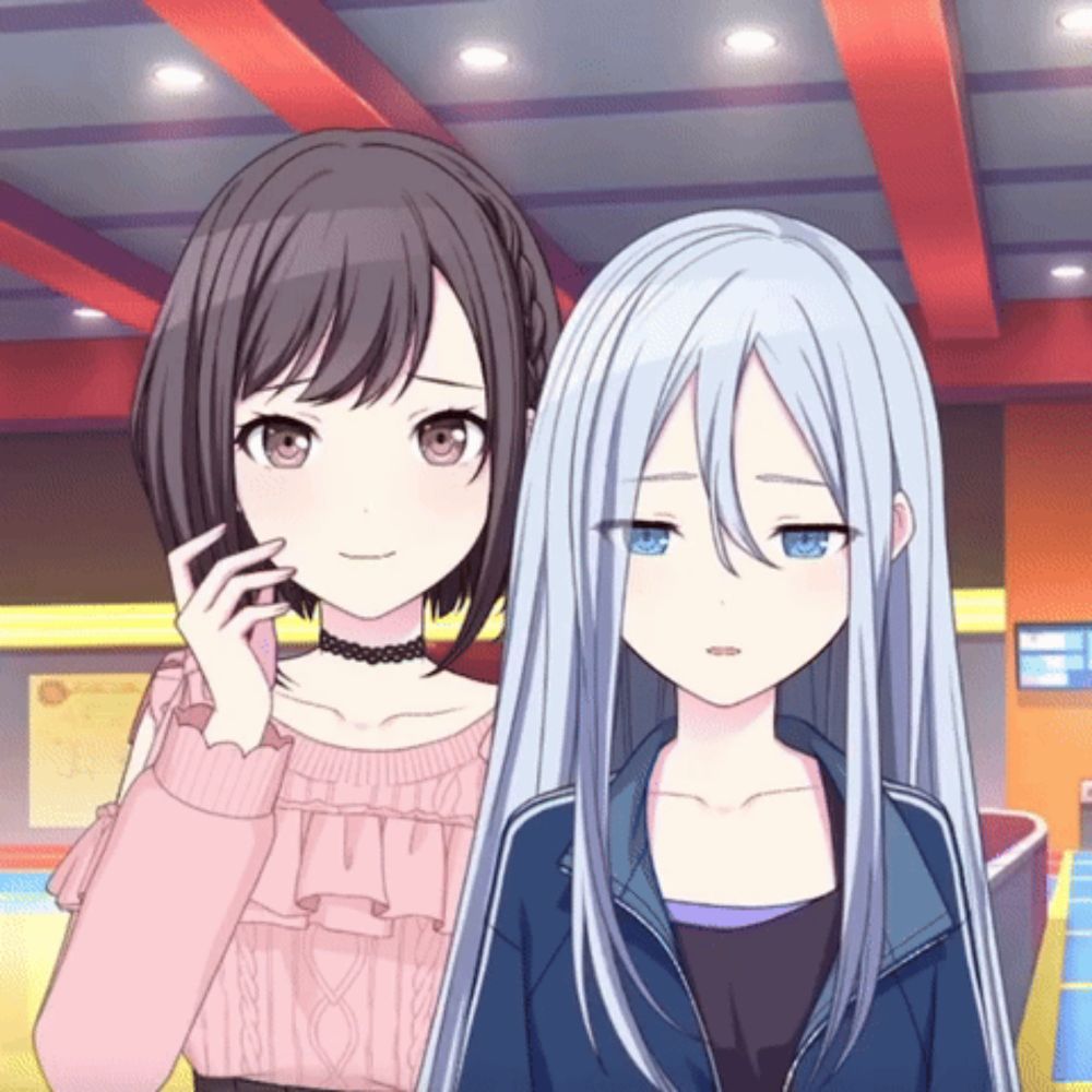 two anime girls are standing next to each other with one wearing a choker