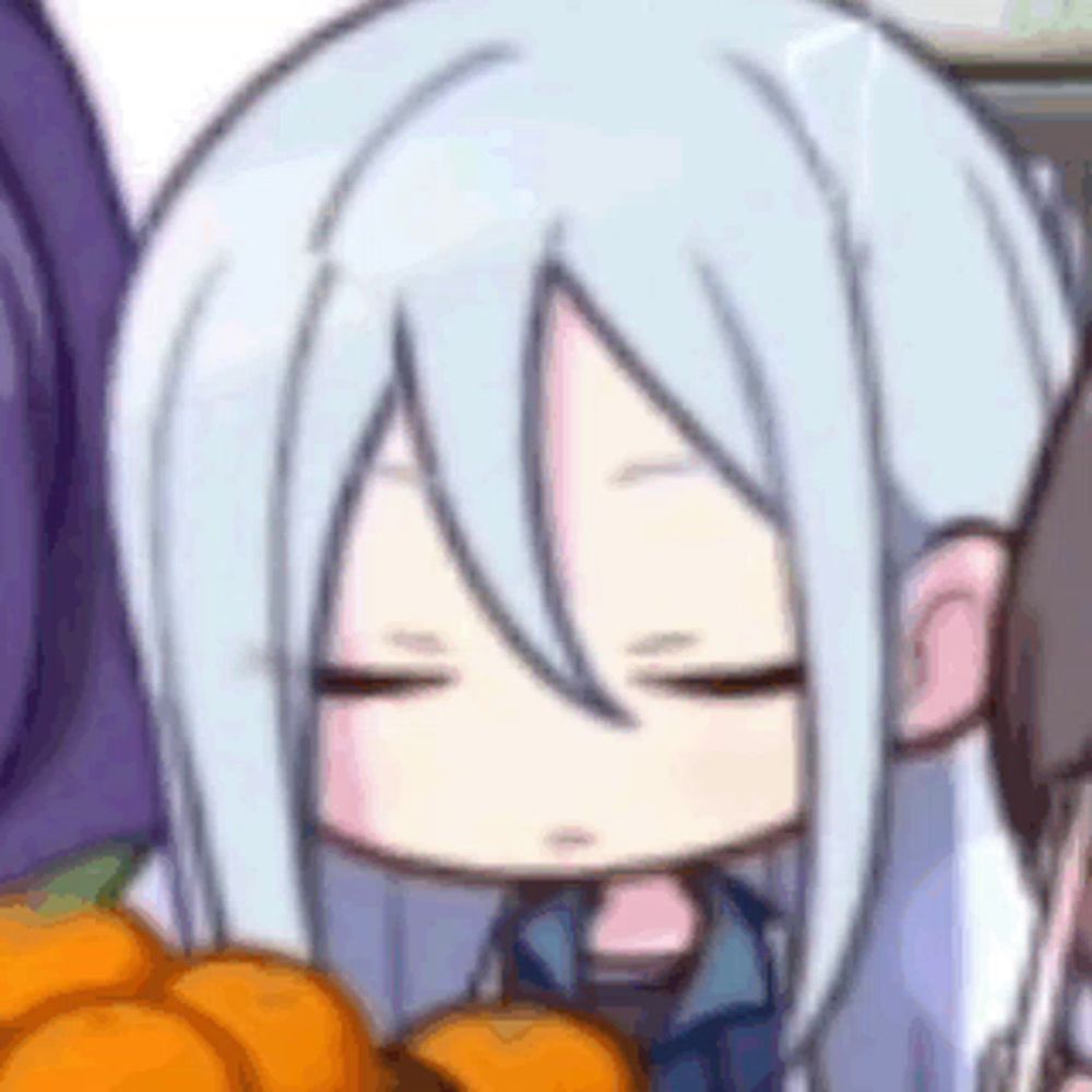 a close up of a cartoon character with white hair holding oranges with her eyes closed .