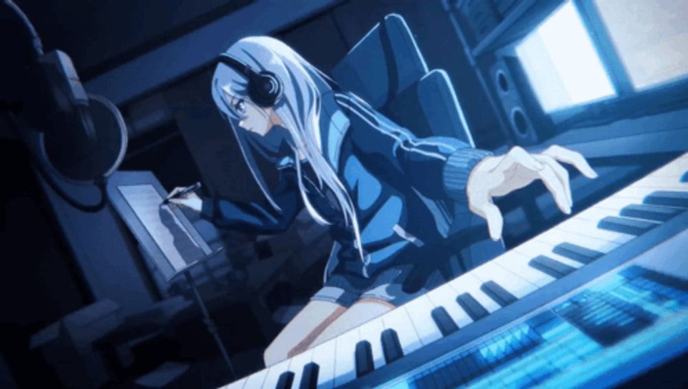 a girl wearing headphones is sitting at a keyboard