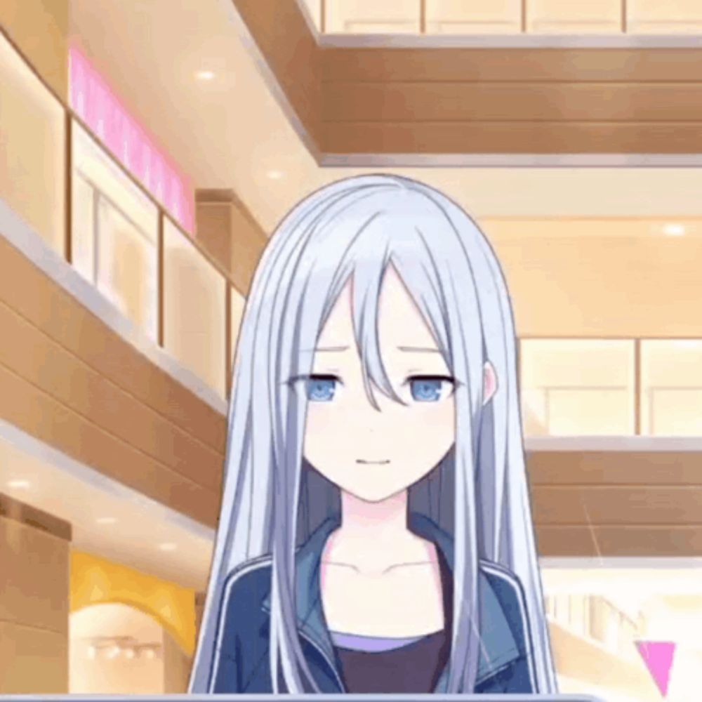 a anime girl with long white hair and blue eyes is standing in a mall .