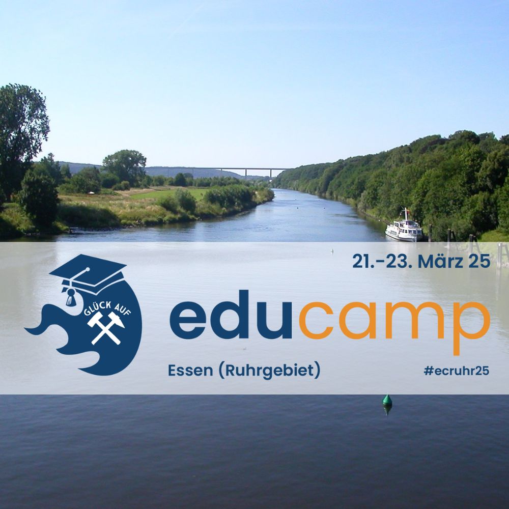 Banner des EduCamps #ecruhr25. Hintergrund: Der Fluss Ruhr mit einem weißen Ausflugsschiff, am Ufer grüne Wiesen und Bäume, am Horizont eine Autobahnbrücke quer über die Ruhr.
Banner: 21.-23- März 25 educamp Essen (Ruhrgebiet) #ecruhr25
Links die Barcamp-Flamme mit einem Logo: Hammer und Schlegel, Glückauf
