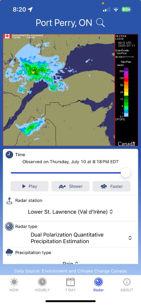 Screenshot of a weather radar
