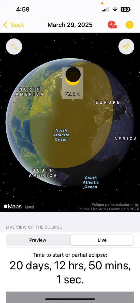 A screenshot of the Eclipse Live app. It was the part of the eclipse which partly covers North America and Europe.
