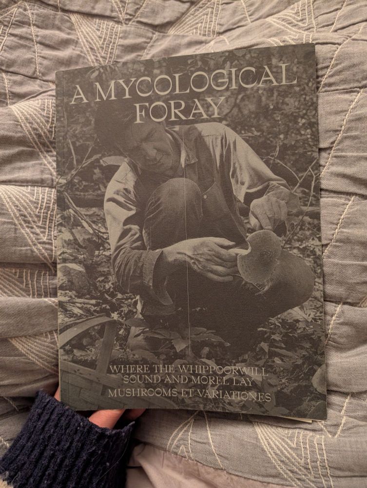 The cover of a book called "A Mycological Foray: where the whippoorwill sound and morel lay | mushrooms et variationes. The book is grey green, with a background comprising a photo of a man crouching to examine the underside of a mushroom he has just picked.