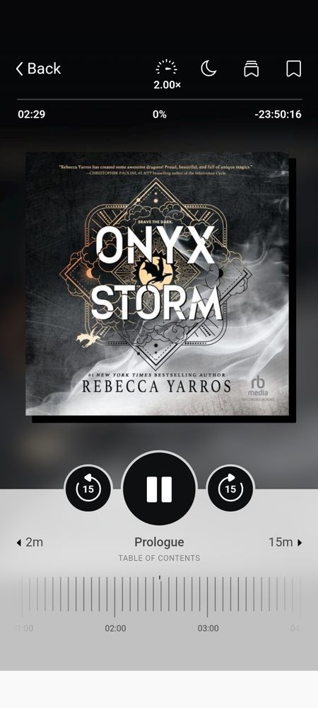 A screenshot of the Libby app playing the audiobook of Onyx Storm by Rebecca Yarros.