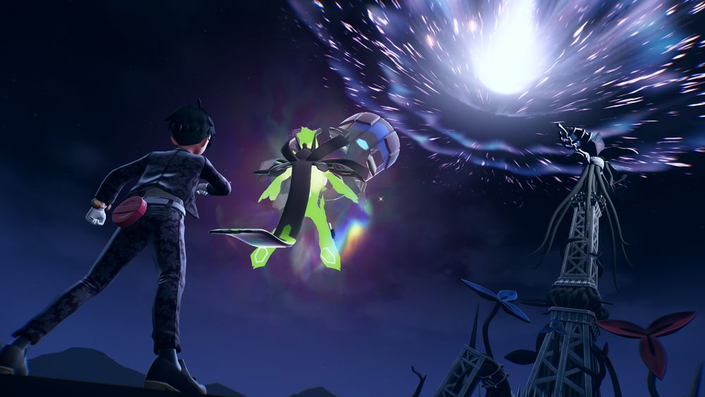 The same character stands beside the towering Pokémon Zygarde, its black and green form illuminated against a purple-lit city backdrop with ornate buildings.