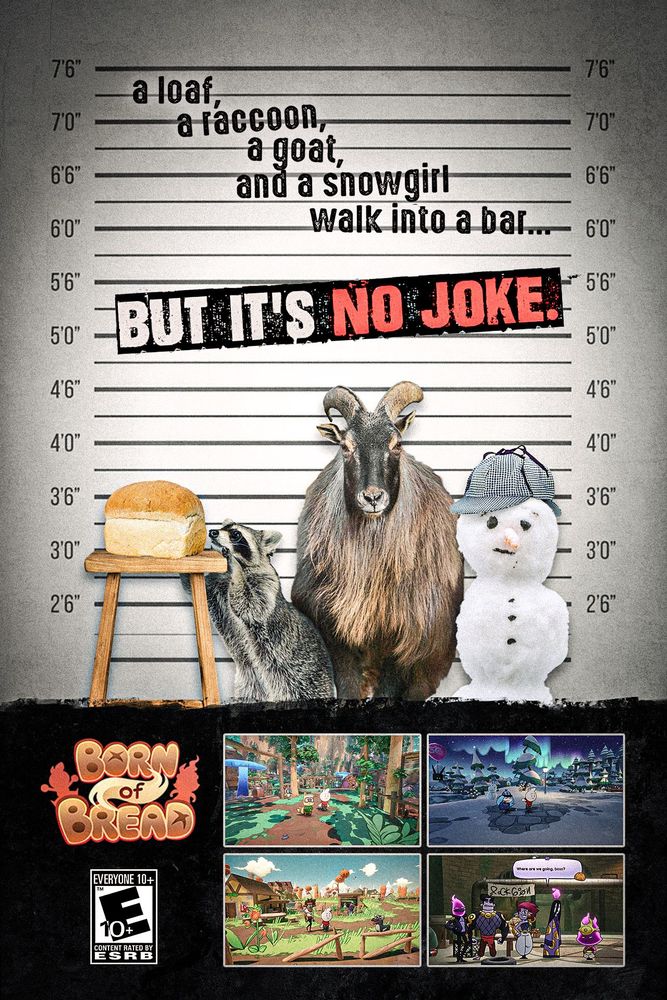 A police line up with a loaf of bread, a raccoon, a goat, and a snowgirl with the text "A loaf, a raccoon, a goat, and a snowgirl walk into a bar... but it's no joke."