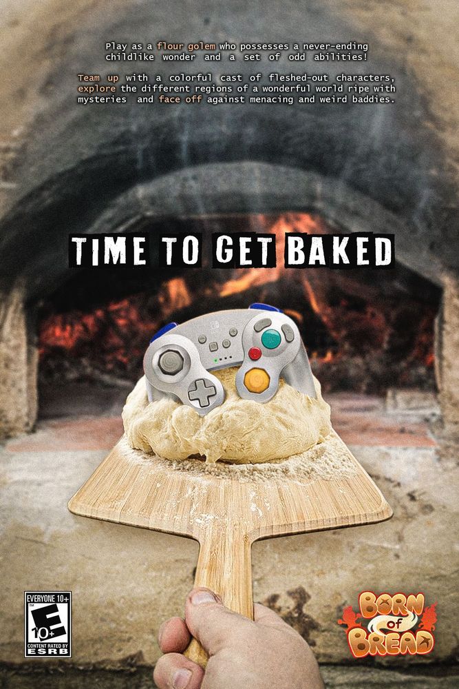 A NS Gamecube controller on a bread paddle with the text "Time to get baked"