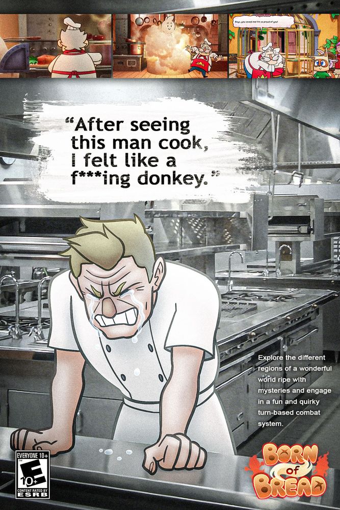 A famous chef crying with the quote "After seeing this man cook, I felt like a f***ing donkey." There are pictures of papa baker at the top.