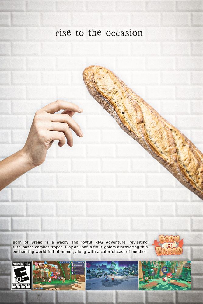 A hand reaching out for a baguette with the text "rise to the occasion"