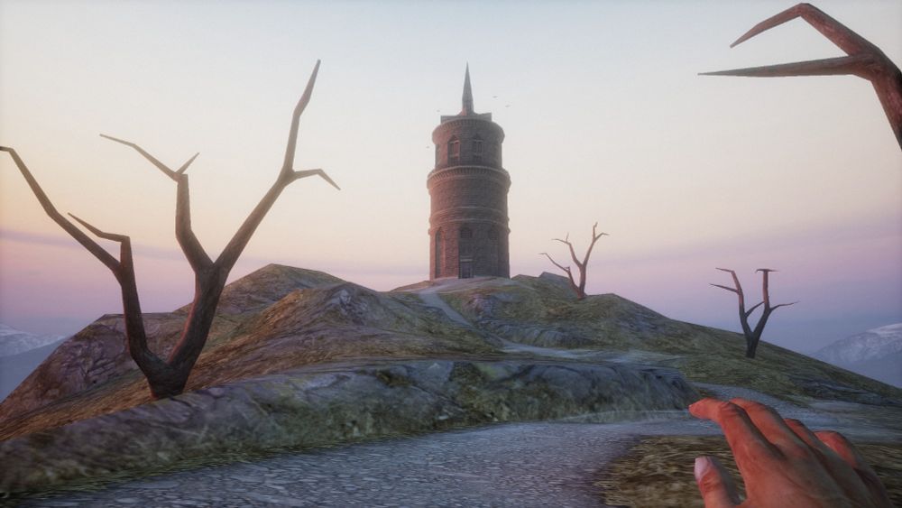A low-poly mountainous landscape with dead trees, and sun rising. A tower is standing atop a hill.