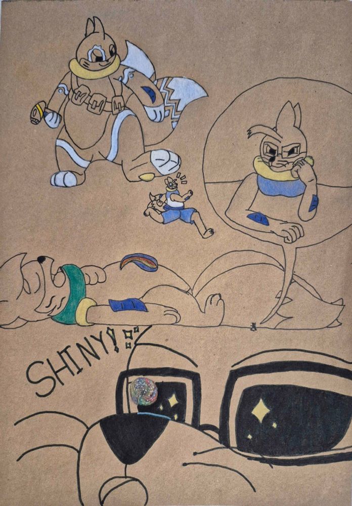 Pictured here, on brown sketch paper, are 3 different Buis engaging in size fun. In the top left sketch we have Splash, the intergalactic Buizel testing out his new size ray on Animalkingdom's Buizel. Threatening to step on him with a smug grin. 

The secon sketch is made up out of 2 parts. The first part is Animalkingdom laying underneath something on the top right of the page. This being a zoom in to under one of the 3 thick tails of Mega Bui who is blissfully unaware and sleeping, laying on his back. Not knowing he has a little micro friend trapped underneath his massive tails. Animalkingdom's Buizel is looking unamused by the whole situation.

The third and final sketch is a headshot of Animalkingdom's Buizel being Mezmerized by the colorfull and shining universe hovering just above his snoot. Saying "Shiny!" with sparkles in his widely dialated eyes. 