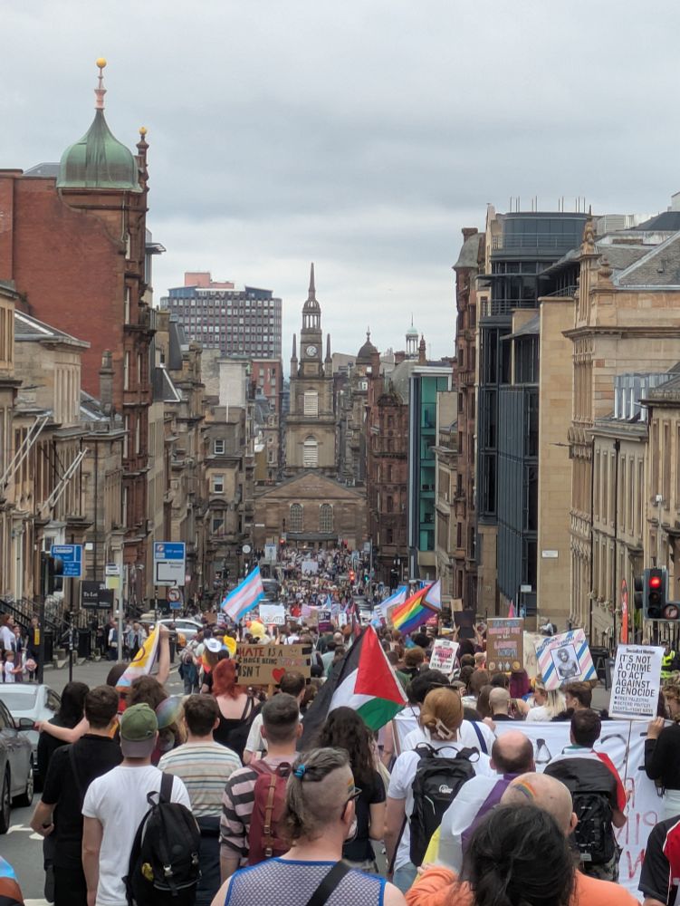 A view down a hill towards a church with a huge crowd covering the entire street. Flags and signs can be seen right into the distance 