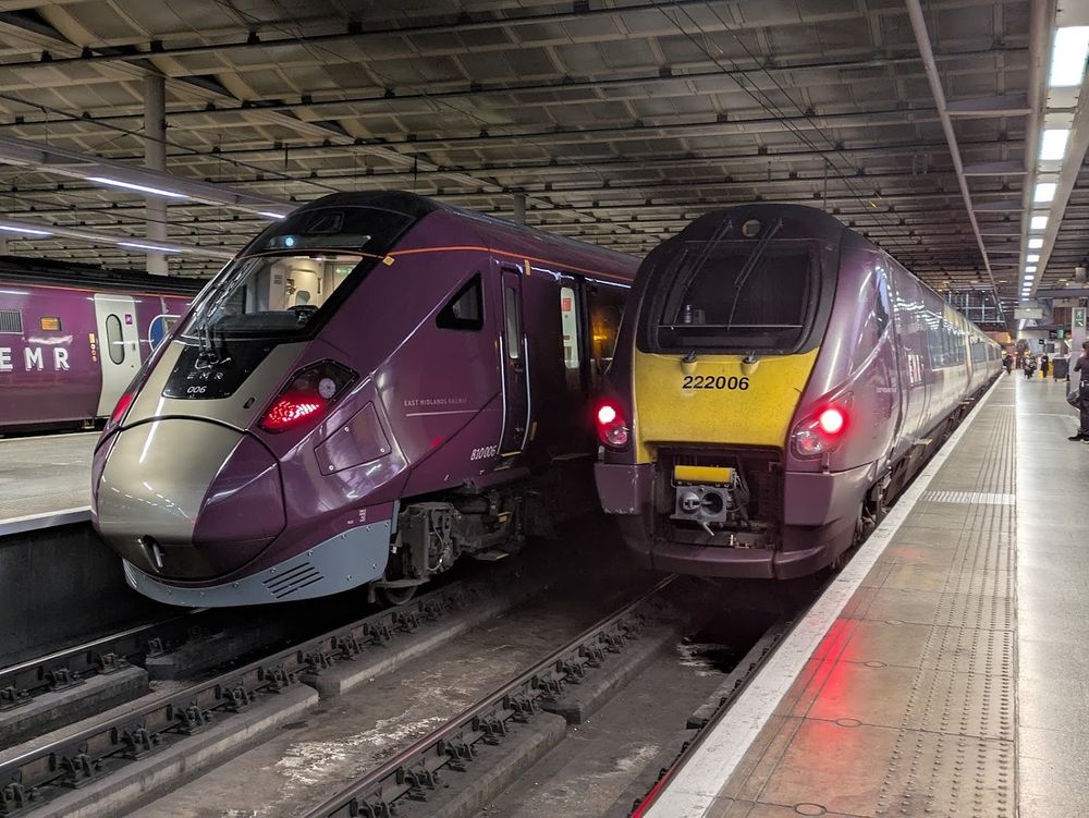 Class 810010 is seen next to Class 222006 at London St Pancras train station