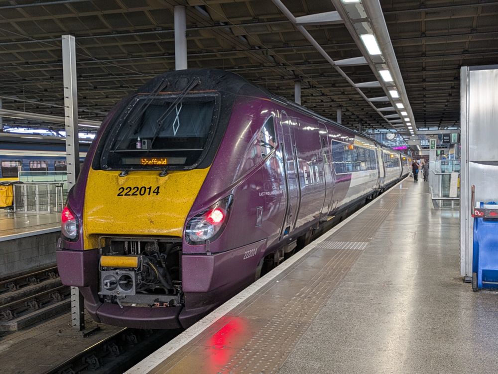 A Class 222 Meridian train at London St Pancras train station 