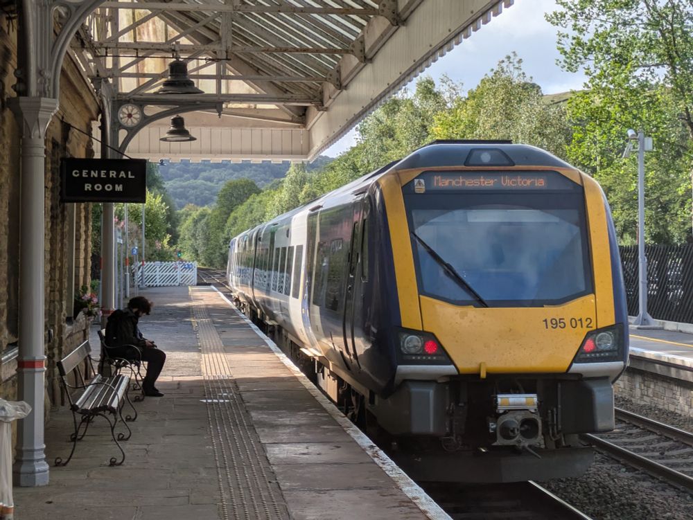 A Class 195 train at Hebden Bridge train station 