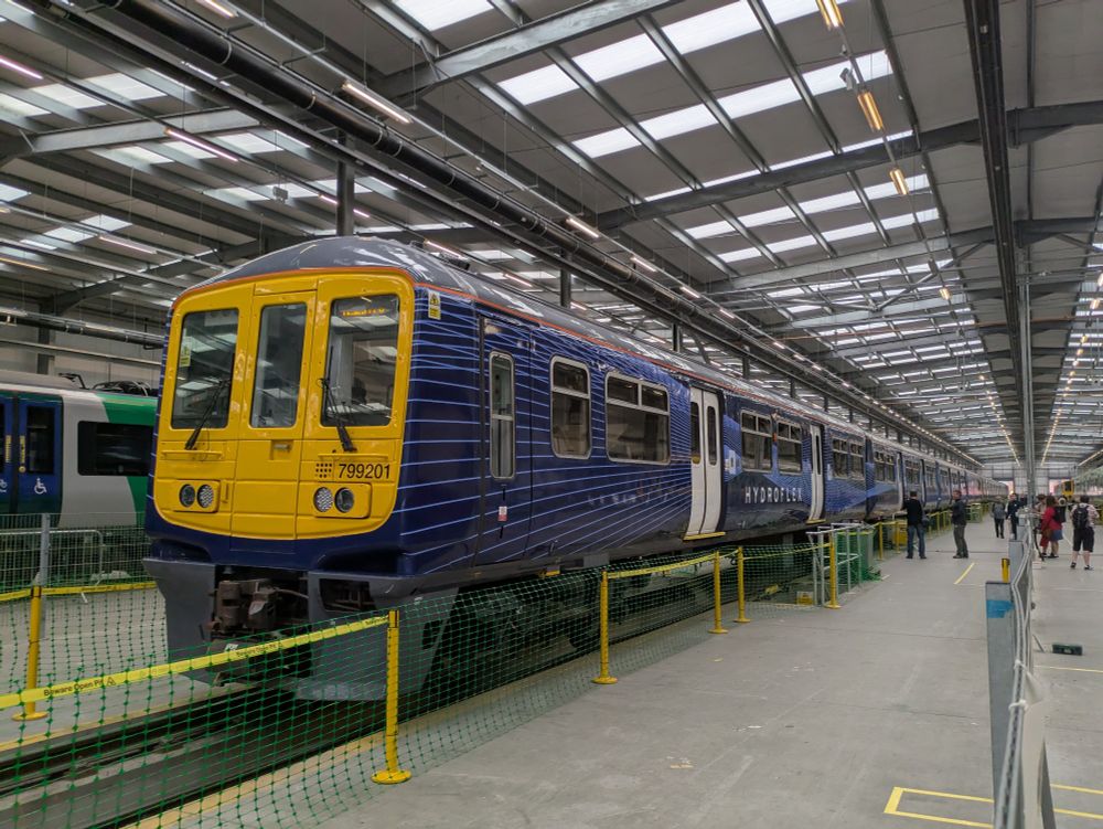 A Class 799 "Hydroflex" train inside a workshop at Litchurch Lane