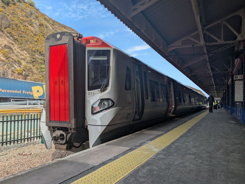 A Class 197 train at Fishguard Harbour station