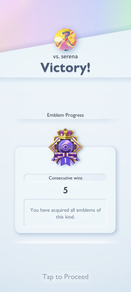 Screenshot of Pokemon tcg pocket showing a victory and the event emblem to winning 5 consecutive wins