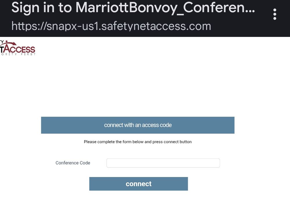 The sign-in screen for the MarriottBonvoy-Conference network, asking for a convention code...