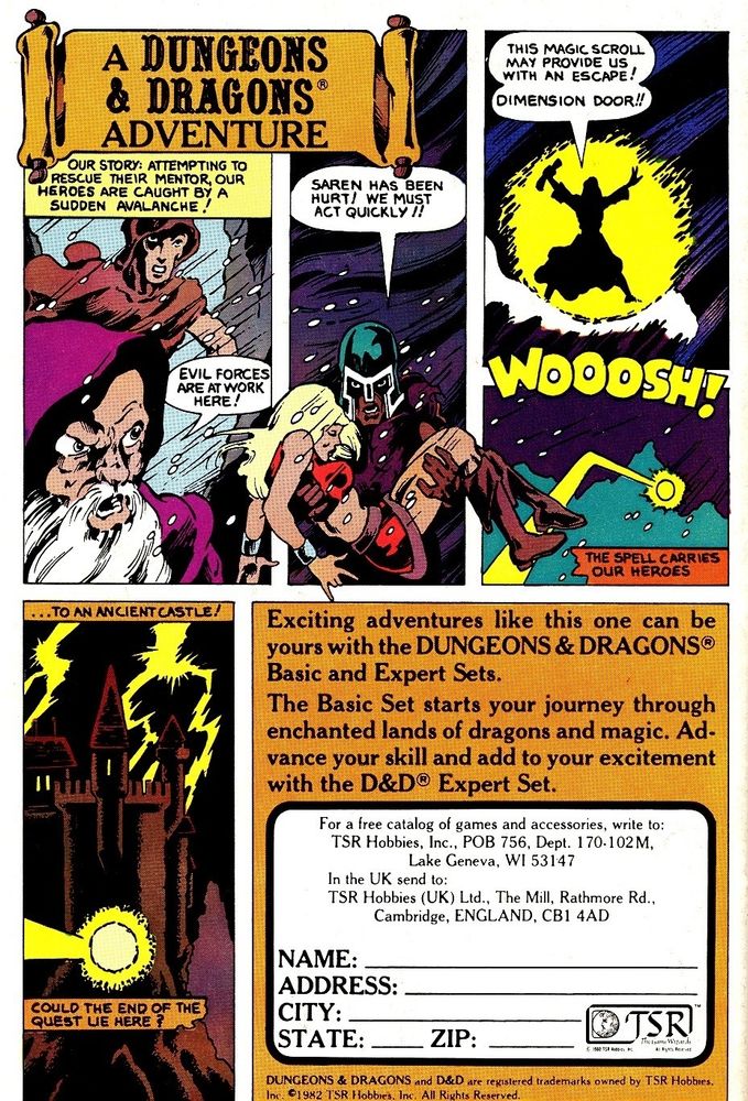 4 panel comic advertising D&D Basic and Expert sets from the 80s. Often seen in marvel comics at the time.