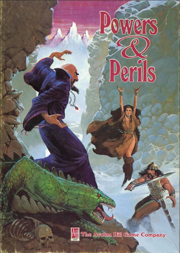 The cover of the boxed set POWERS & PERILS from Avalon Hill, a fantasy TTRPG