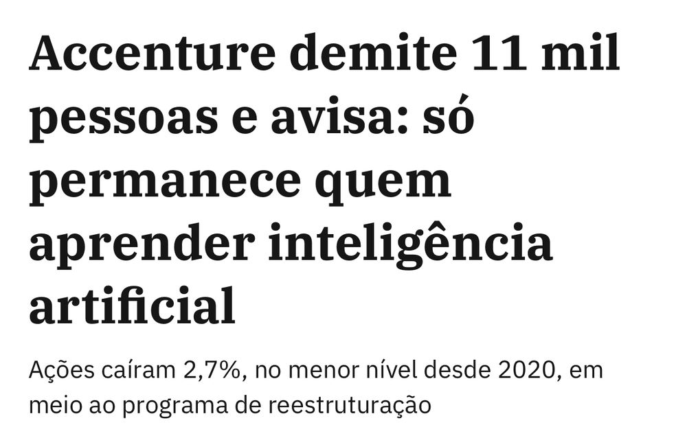 Accenture demite 11 mil pessoas e avisa: só permanece quem aprender inteligência artificial