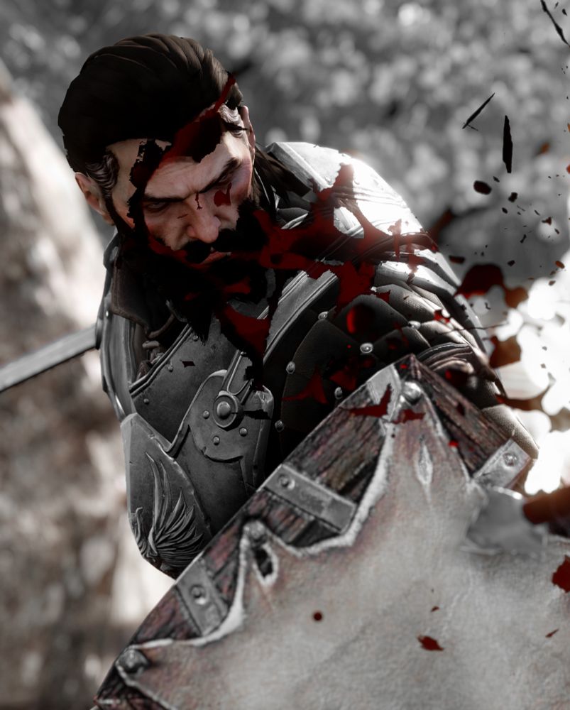 A screenshot of Blackwall in desaturated colors. He's looking up from under his frowned eyebrows. His shield is in the foreground, as well as a big splatter of blood floating through the air. 