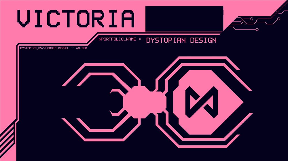 A cyberpunk-styled title page reading VICTORIA [last name redacted] and titled "Dystopian Design". A large geometric black widow spider with a stylized hourglass takes up the majority of the page.