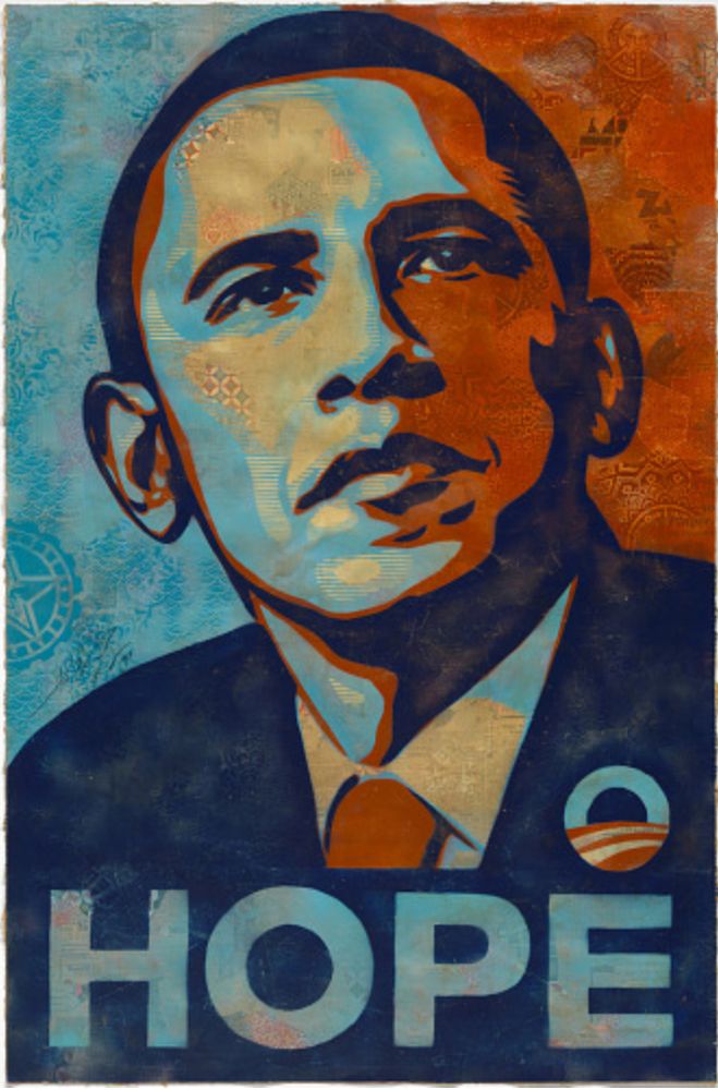 Picture of the famous portrait of Barack Obama with HOPE displayed in bold type.