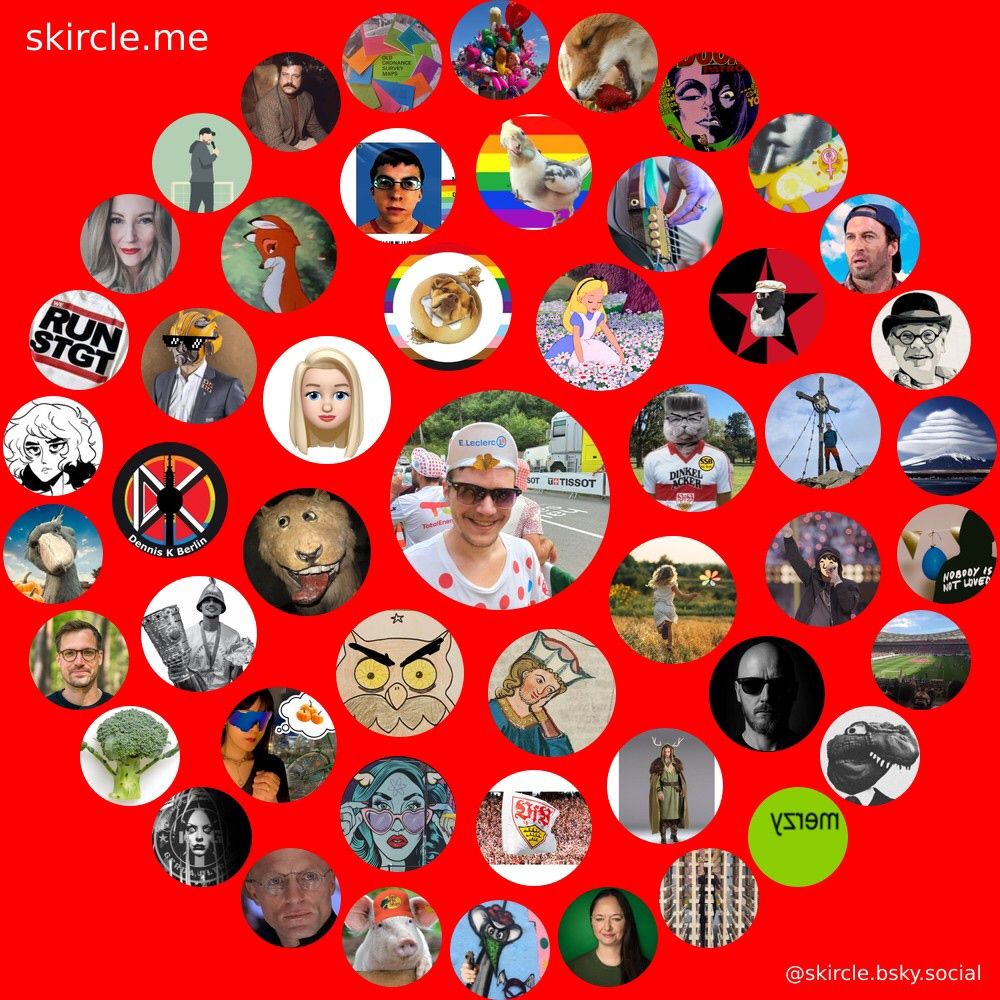 Die Profile ganz vieler lieber Usender in Kreisen um mein Profilbild angeordnet vor rotem Hintergrund.