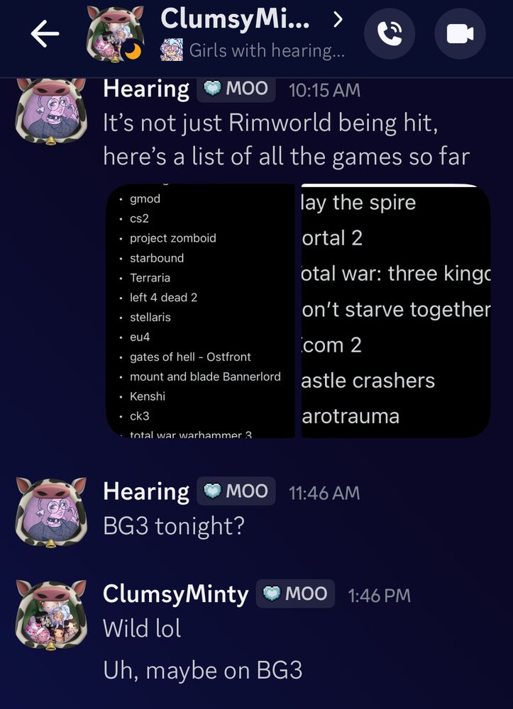 Hearing: BG3( Baldurs Gate 3) tonight? Minty: Uh maybe on BG3