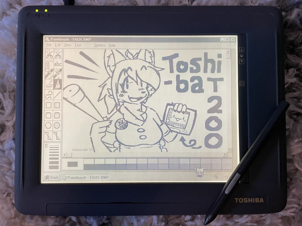 monochrome illustration of my fursona holding a toshiba pen tablet and wearing a maid outfit, on said tablet. drawn in paintbrush on windows 95.