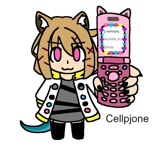 chibi doodle of utage from arknights holding her flip phone out to the viewer. on her phone is a tumblr post reading "Calling all besties..... KILL!!!". nearby is text that reads "Cellpjone"