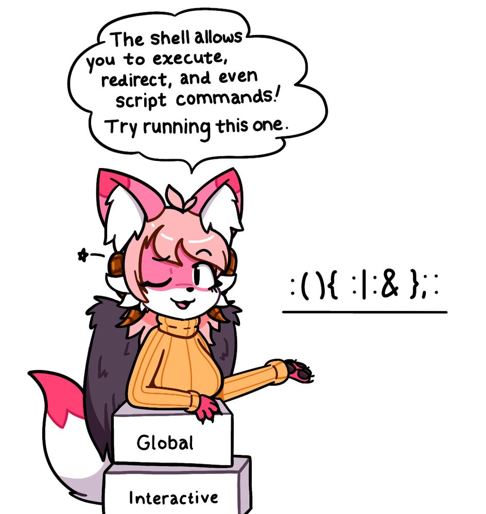 previous image, cropped to just my fursona; her speech bubble now says 'The shell allows you to execute, redirect, and even script commands! Try running this one.' she is winking and presenting a fork bomb.
