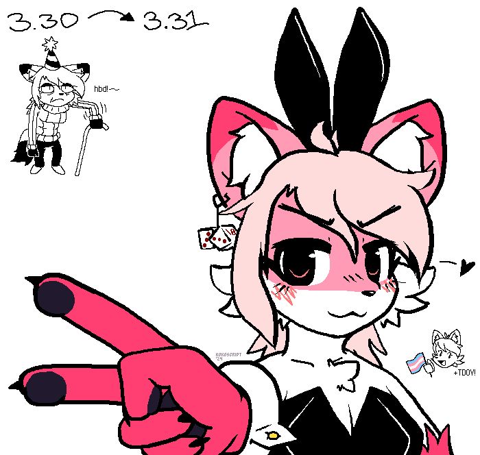top left corner: date 3.30 with an elderly-looking sketch of my fursona wearing a party hat underneath. an arrow points to date 3.31. the majority of the page is a portrait of my fursona wearing a bunnysuit, giving a peace sign close to the viewer